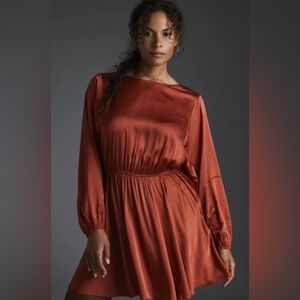 Anthropologie 2X Caballero Long-Sleeve Satin Animal Print Mini Plus Dress NWT